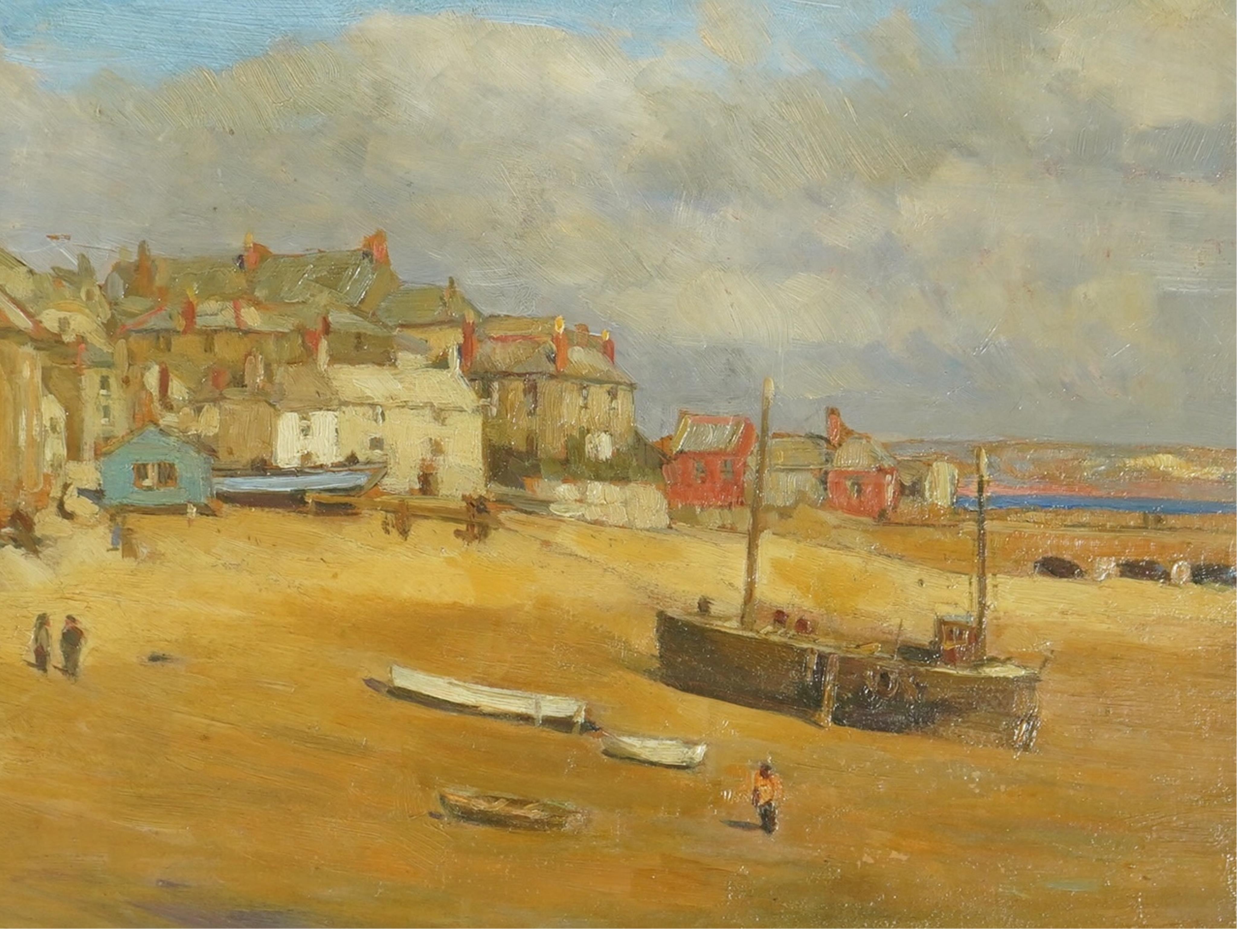 Newlyn School , St Ives at low tide, oil on board, 25 x 32cm